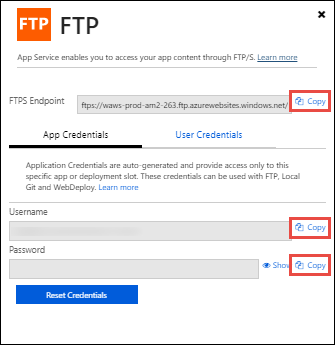 FTP dashboard 연결 문자열을 복사합니다.