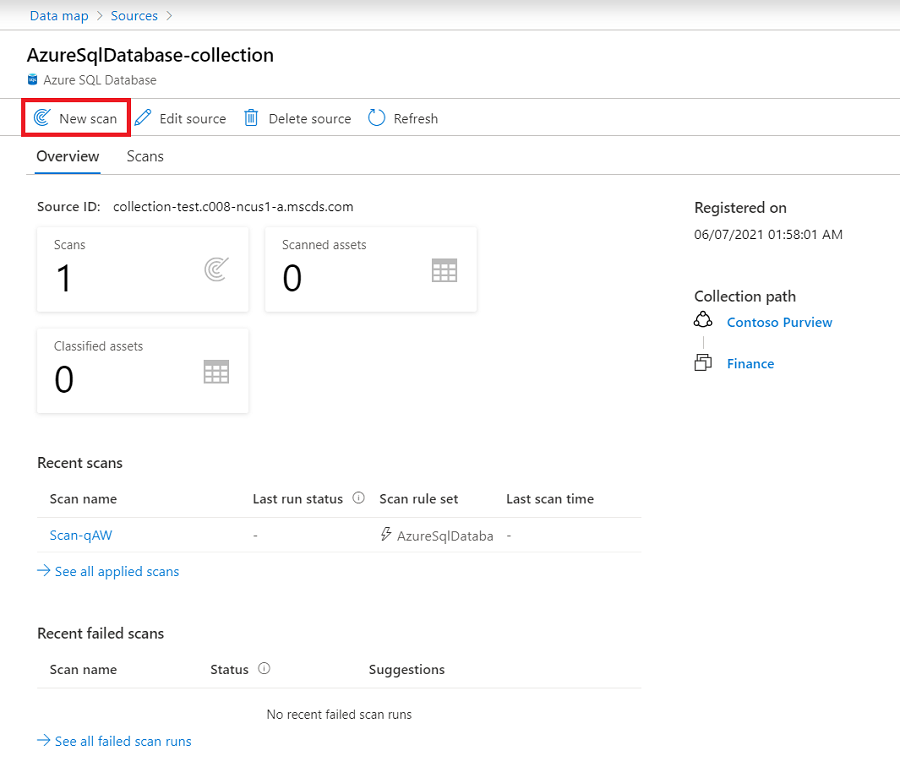 새 검사 단추가 강조 표시된 원본 Microsoft Purview 포털 창의 스크린샷