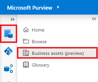 Microsoft Purview 거버넌스 포털의 왼쪽 메뉴, 데이터 맵 및 비즈니스 자산 단추가 강조 표시된 스크린샷