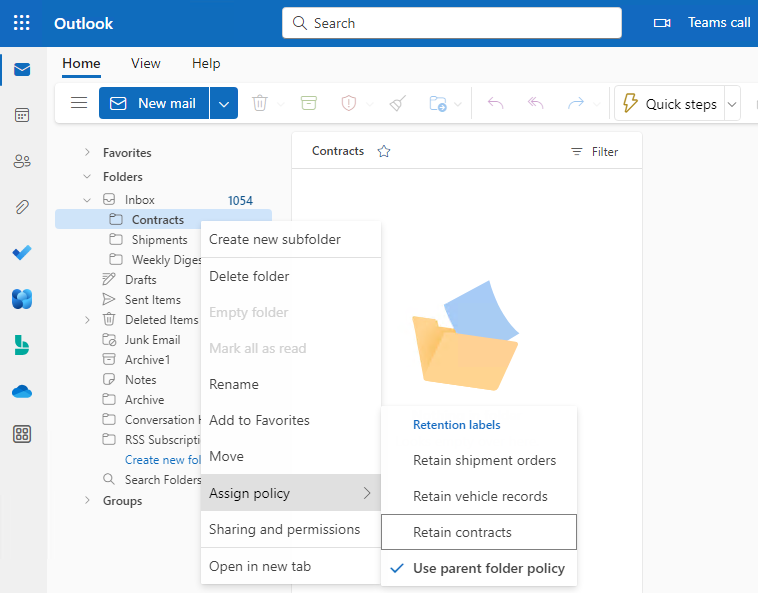 웹용 Outlook 폴더에 대한 기본 보존 레이블을 적용합니다.