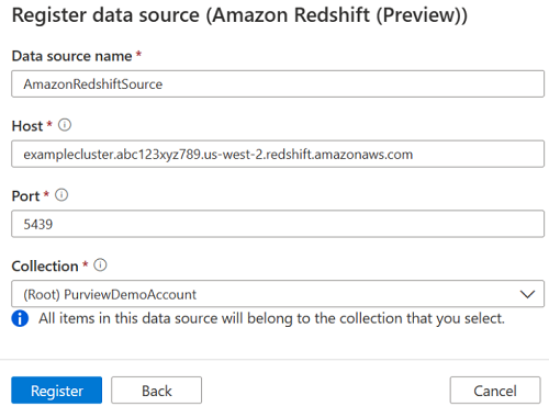 Amazon Redshift의 등록 메뉴를 보여 주는 스크린샷