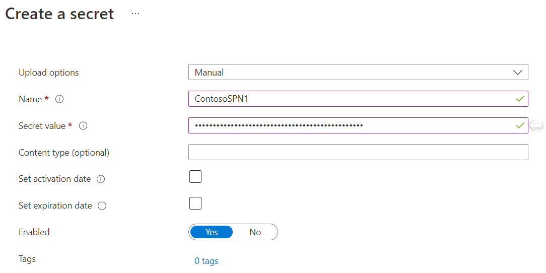 Screenshot how to generate an Azure Key Vault secret for SPN.