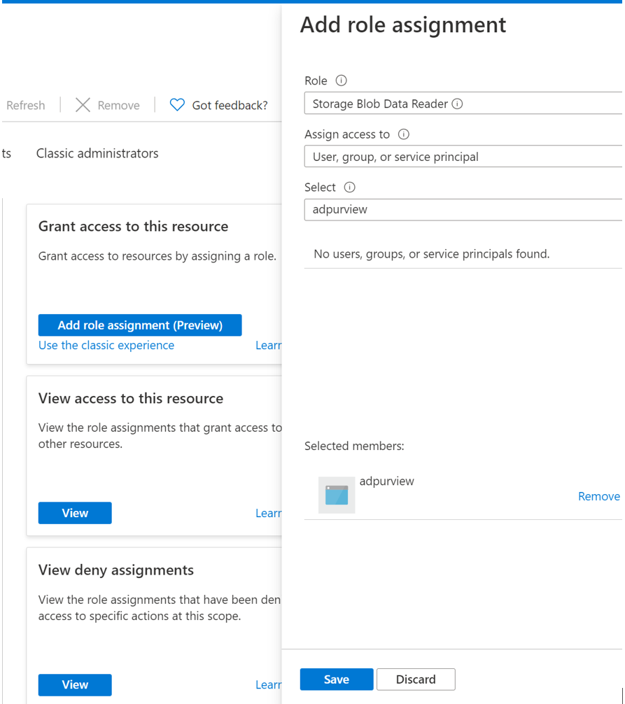 Microsoft Purview 계정에 대한 권한을 할당하는 세부 정보를 보여 주는 스크린샷