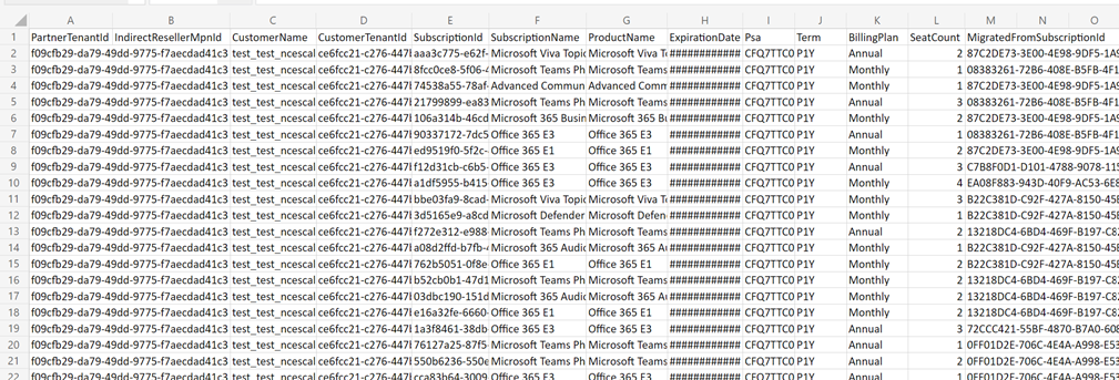 Export NCE subscriptions CSV file output