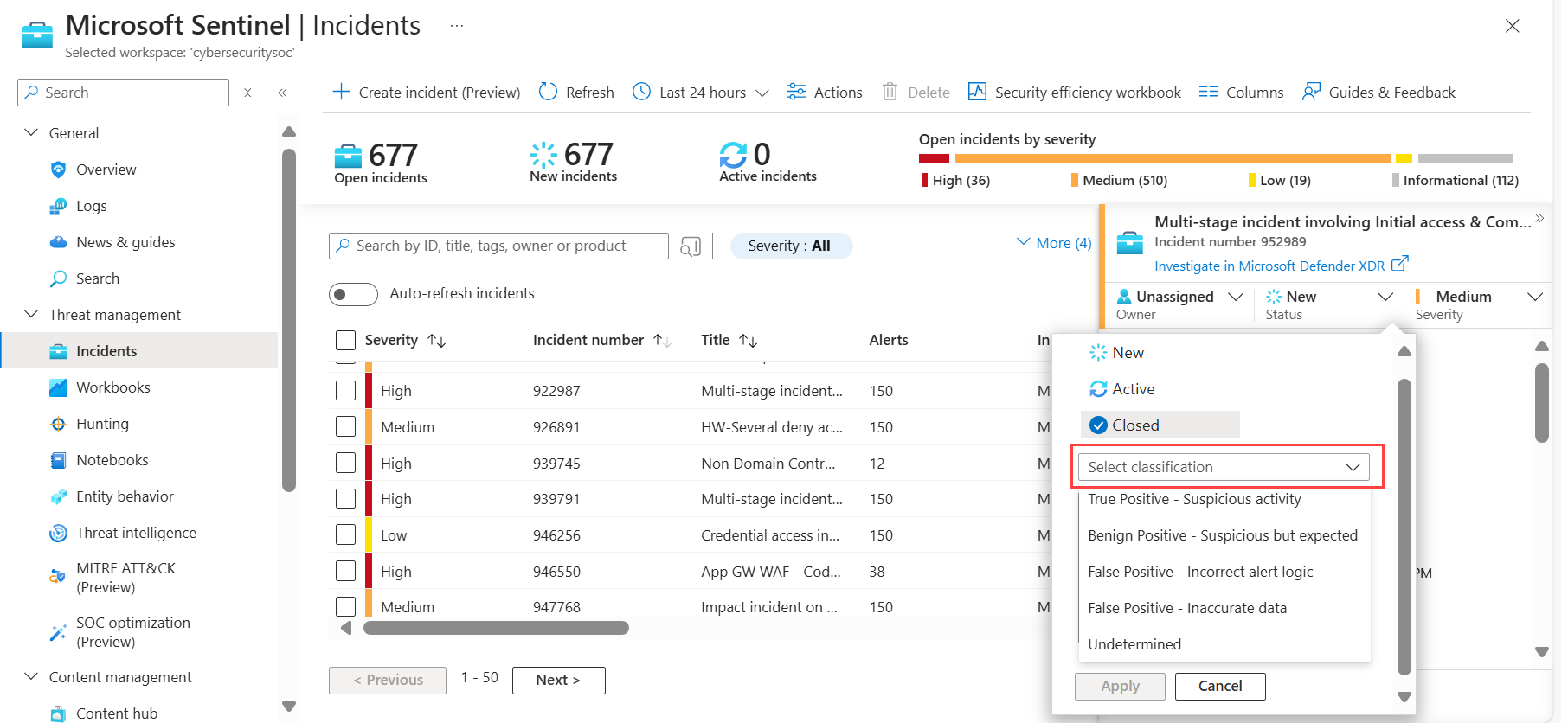 Example of resolving an incident in the Microsoft Sentinel portal.