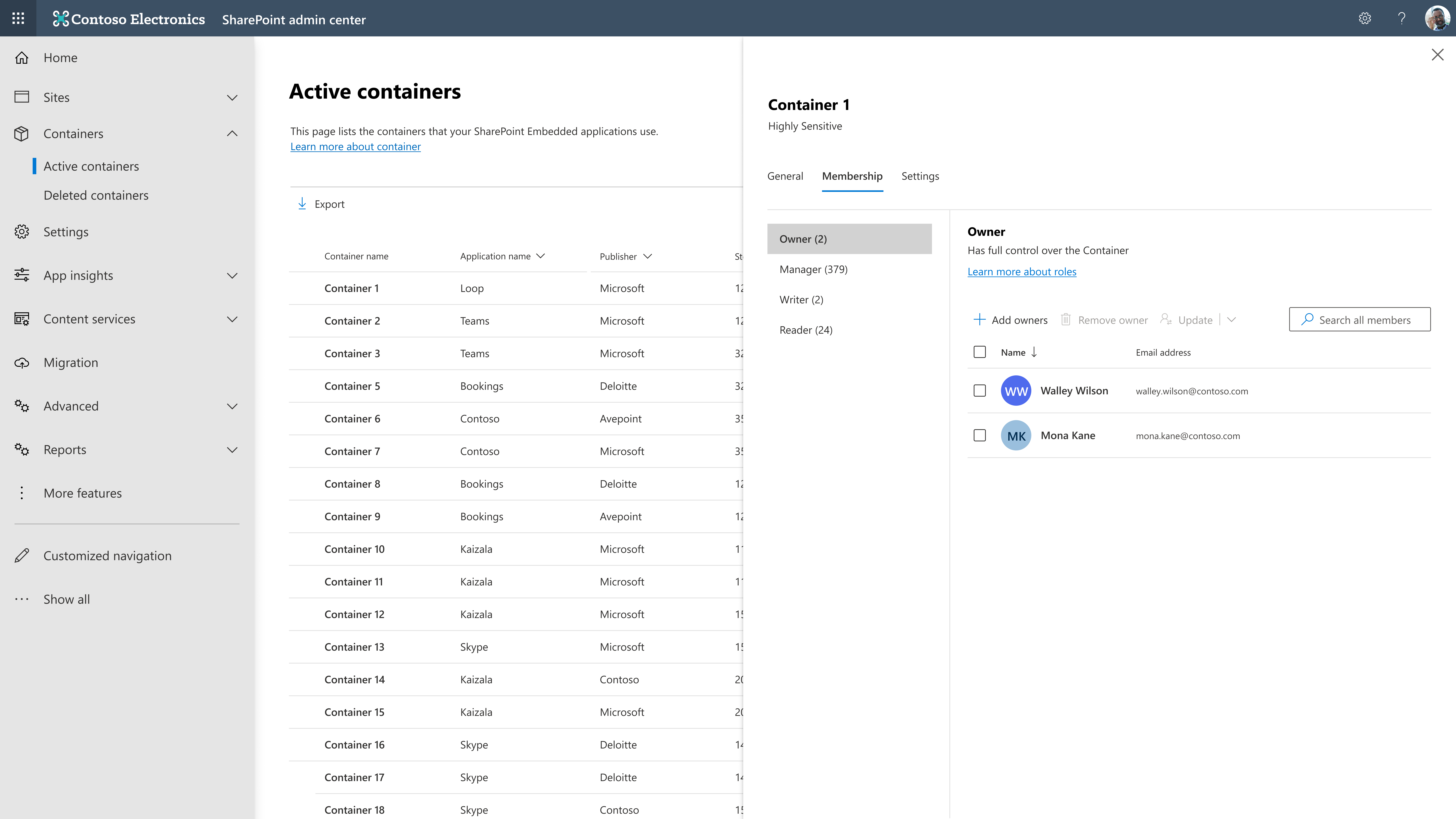 Add-user picker used to select a tenant user and assign a container role.