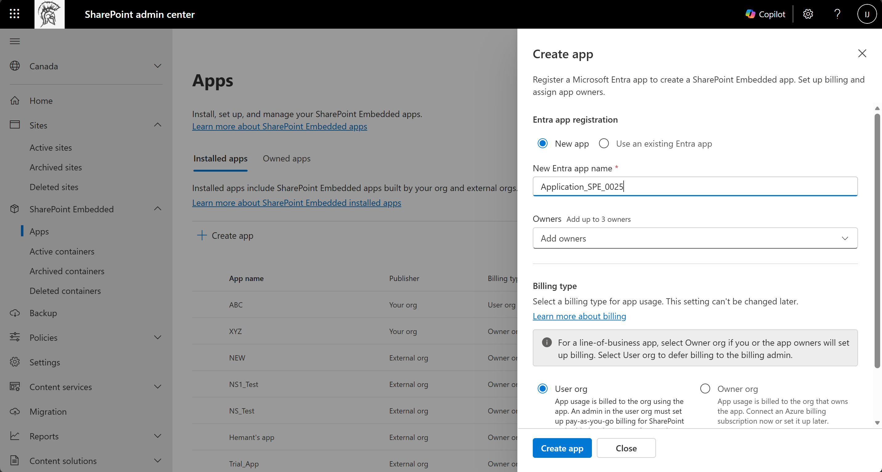 SharePoint admin center Create app panel showing the Entra app registration options New app and Use an existing Entra app, a New Entra app name field, an Owners field, and the billing type section.