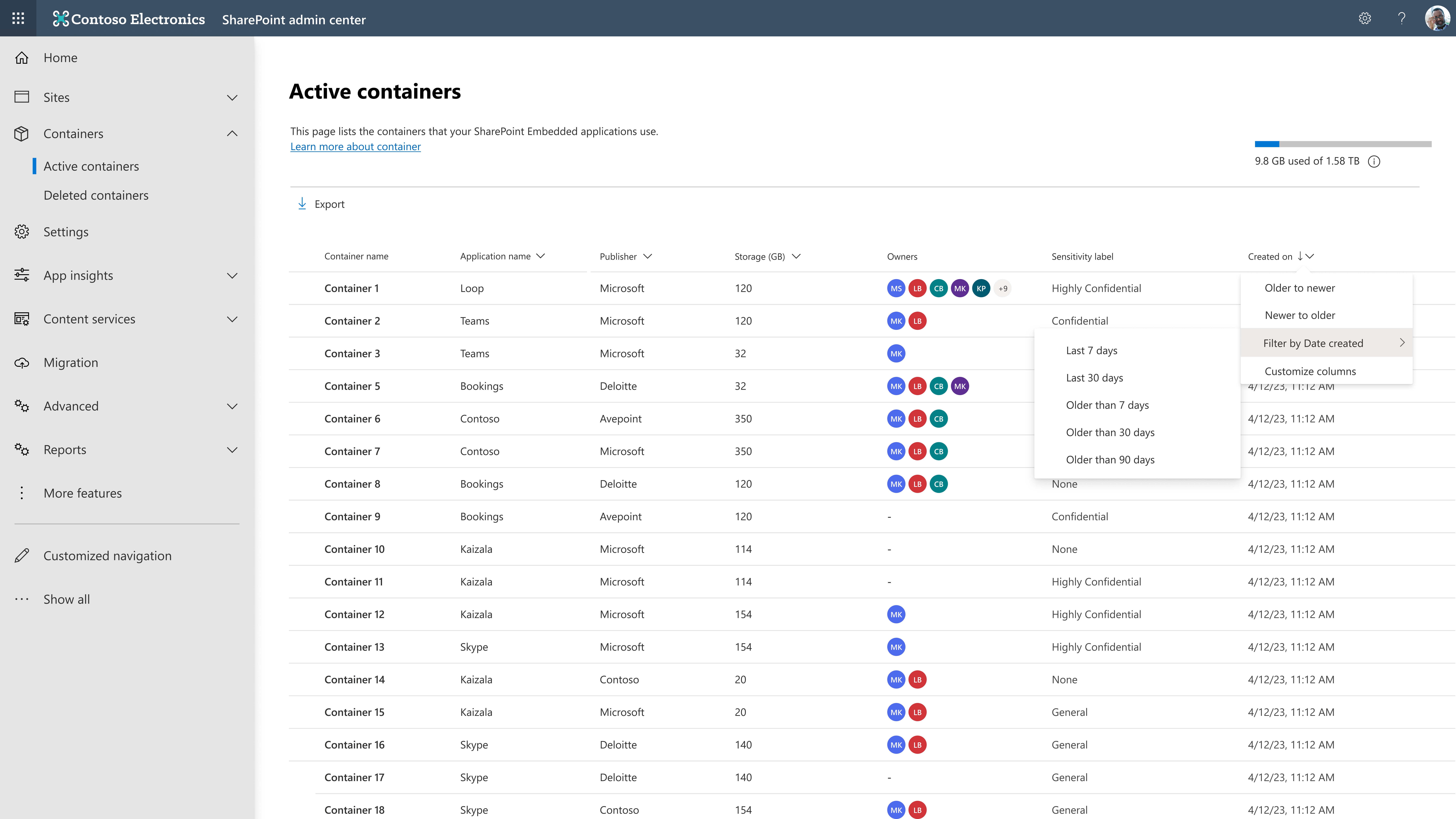 Active containers page filter panel with options for application name, publisher, ownership type, principal owner, owner count, and created date.