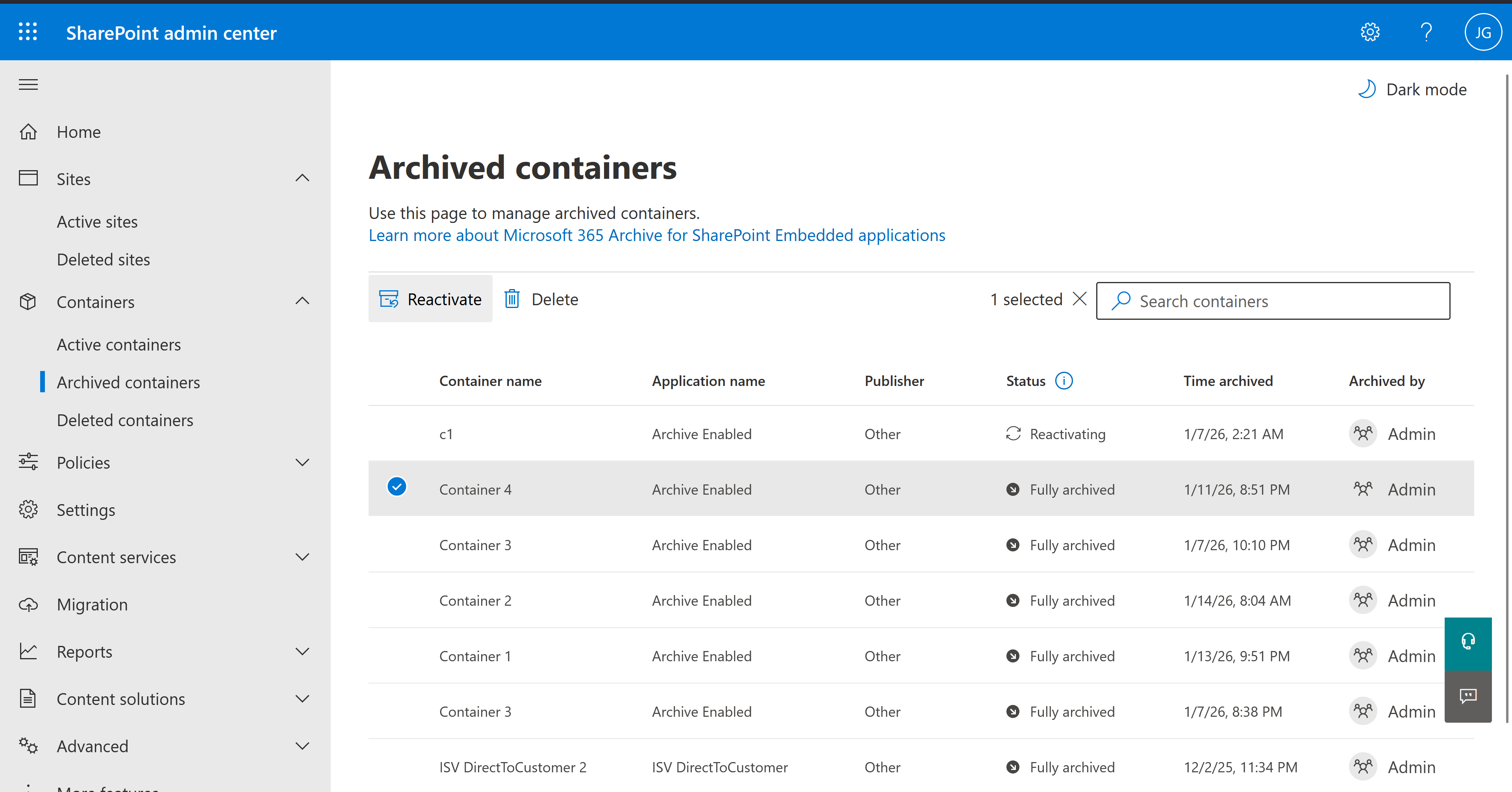 Reactivate action on a fully archived container, showing the 24-hour reactivation notice.