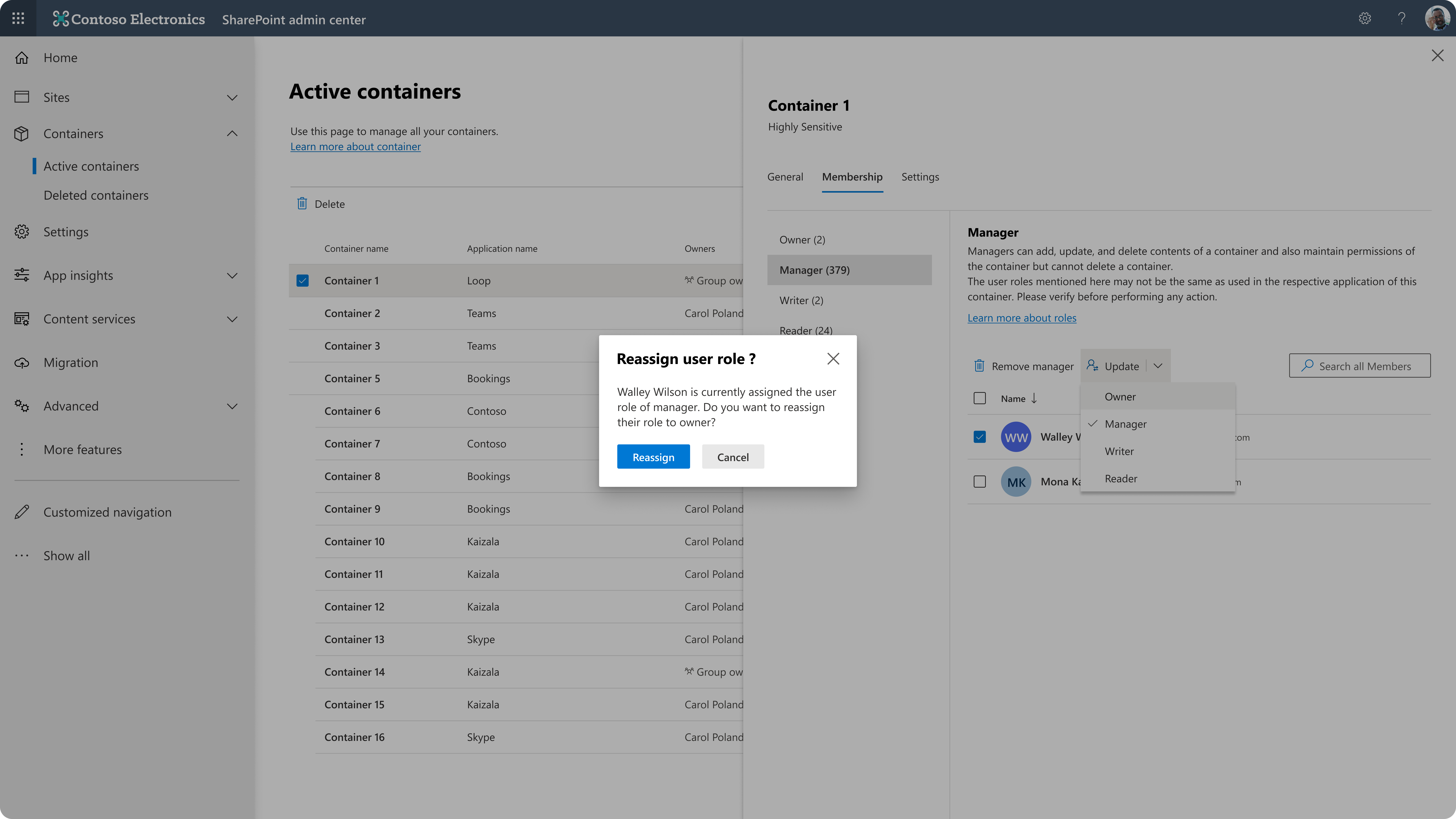 Reassign control used to move a user from one container role to another.