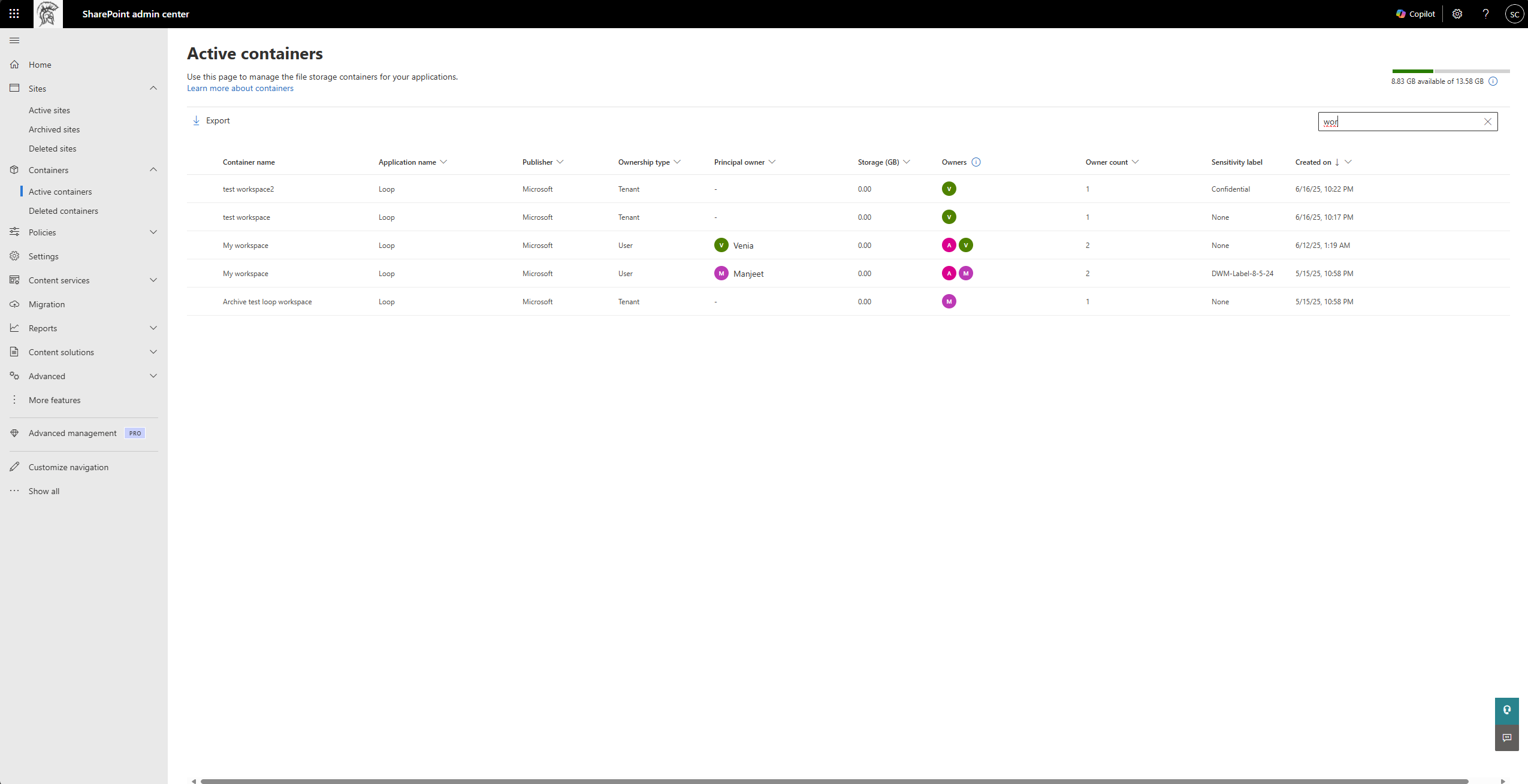 Active containers page search box used to find a container by name.
