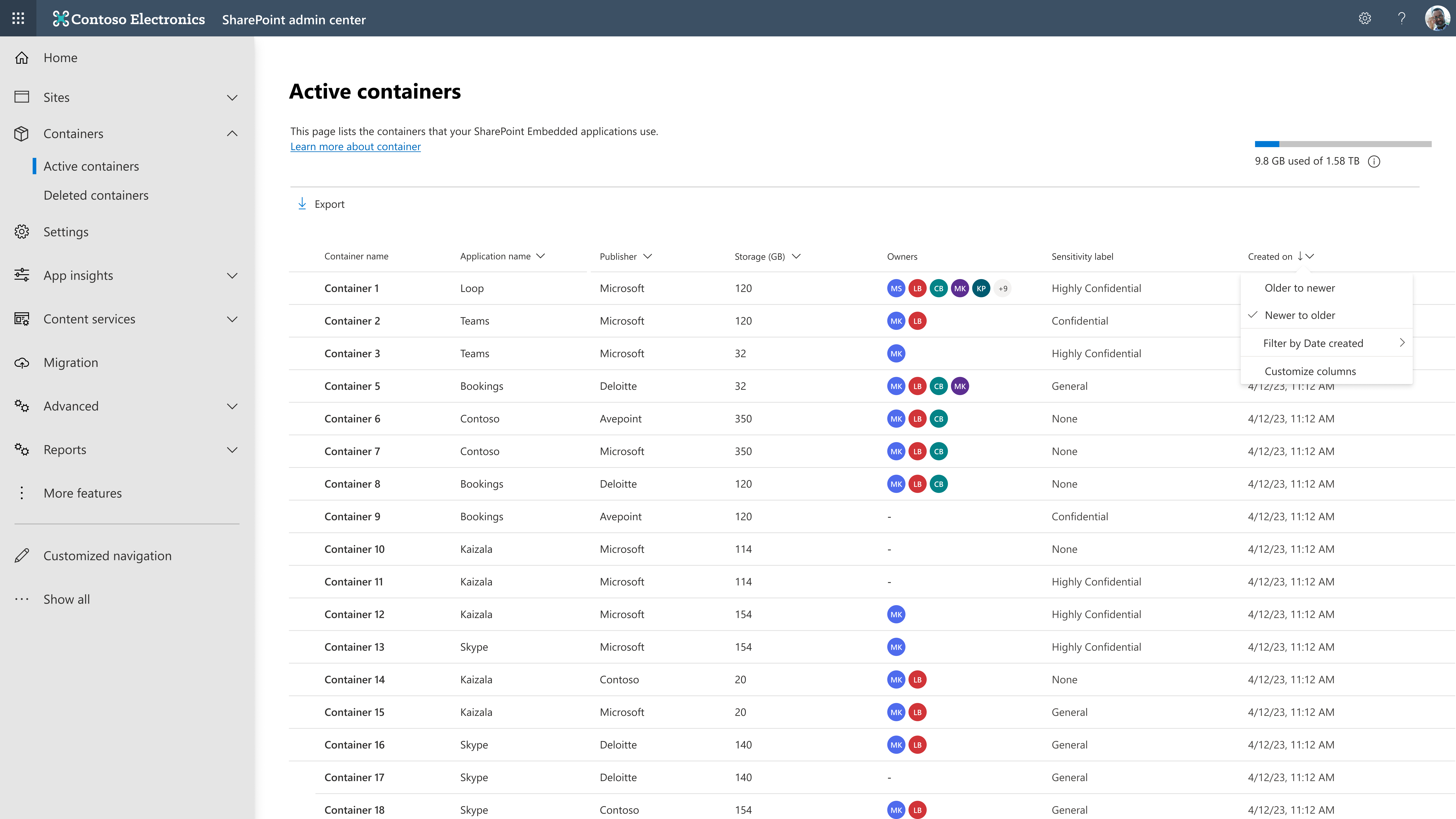 Active containers page sort control applied to the storage and created-on columns.