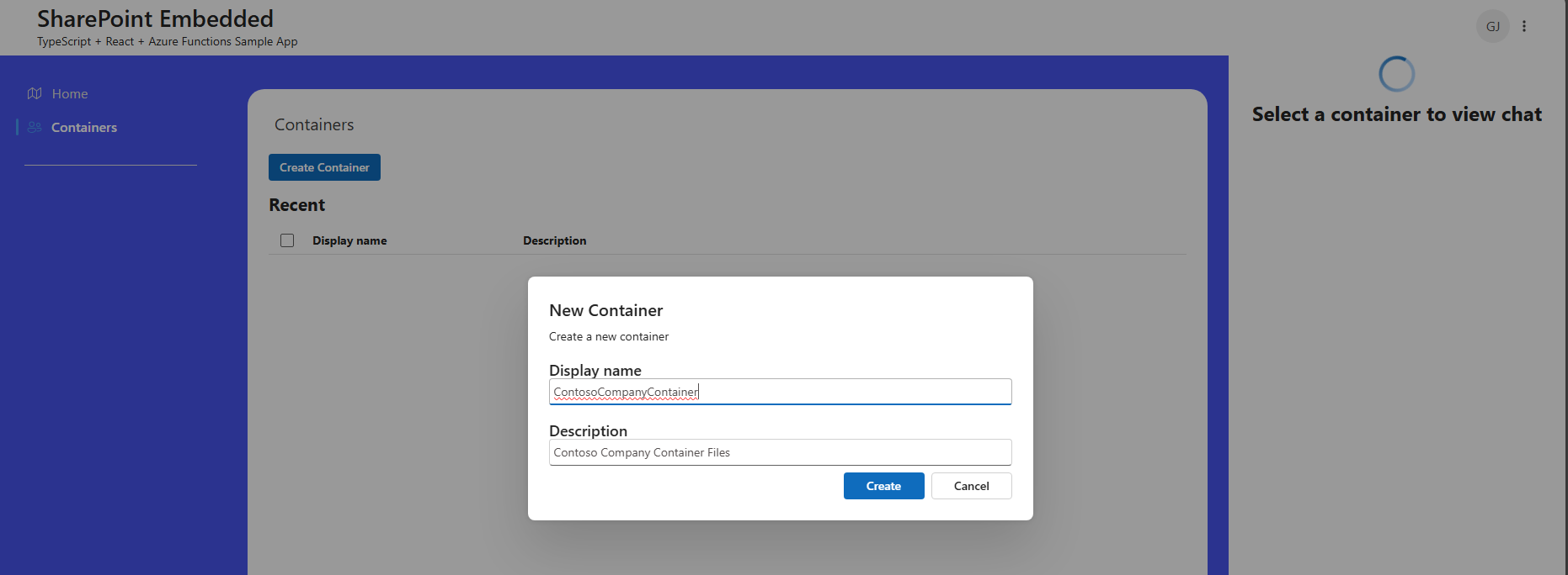 SPE Typescript App running in edge in /containers sub page with modal of user c reatign a container called ContosoCompanyContainer