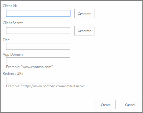 The form on the App Reg New page with boxes for client ID, client secret, title, app domain, and redirect URL. Buttons named "generate" are beside the first two. In the corner are Create and Cancel buttons.