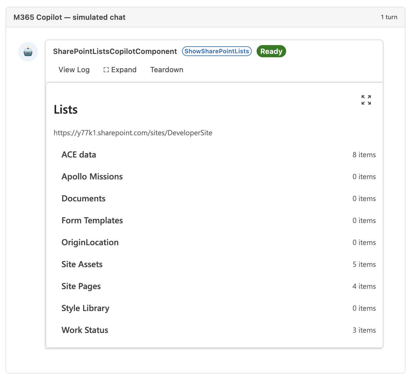 The SharePointLists component showing the lists on a site in the Copilot Workbench