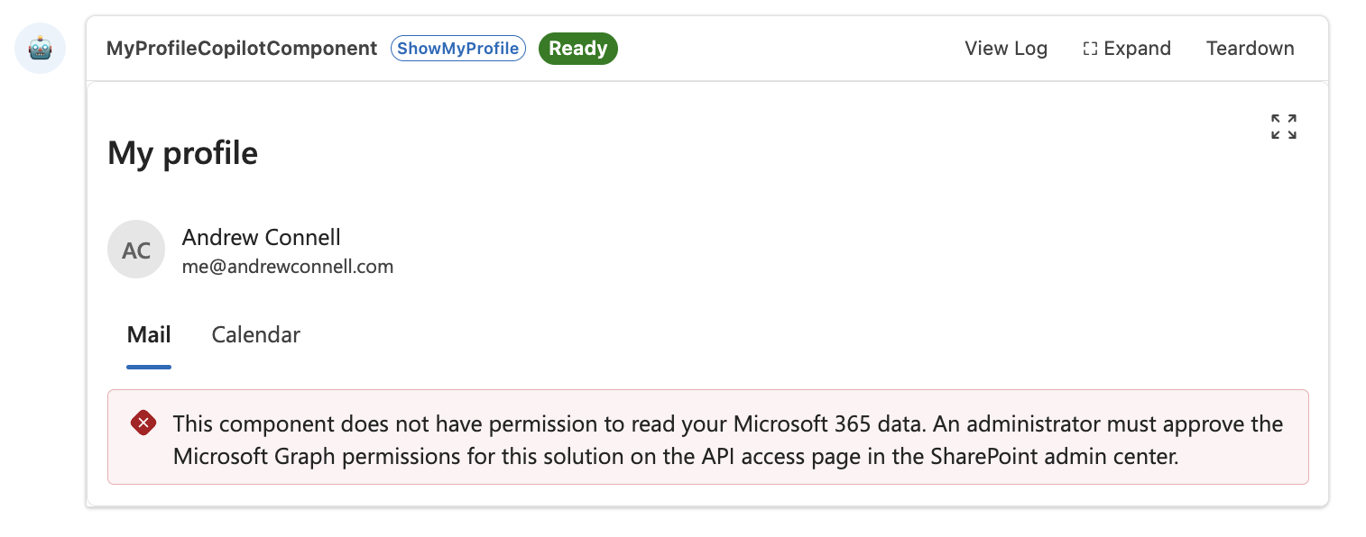 The MyProfile component showing the permission message on the Mail tab because the Mail.Read permission isn't approved
