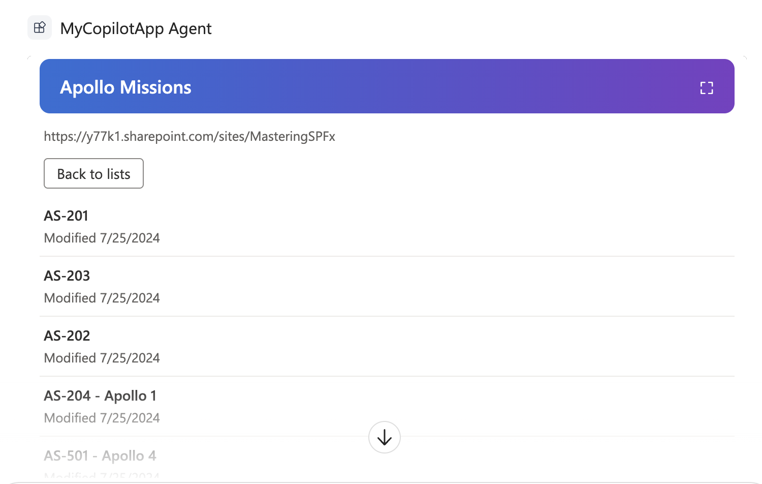 The items in the selected list, with their modified dates, in Microsoft 365 Copilot