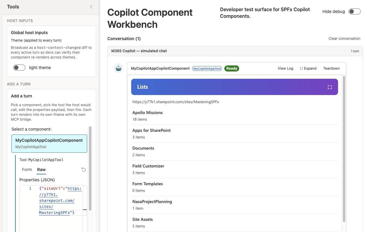 The Copilot Workbench with the siteUrl properties JSON and the lists on the site