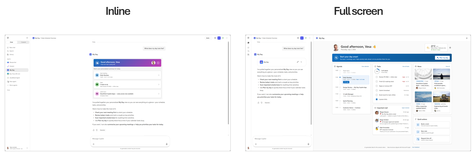 A Copilot UX component shown in inline mode next to the same component in fullscreen mode.