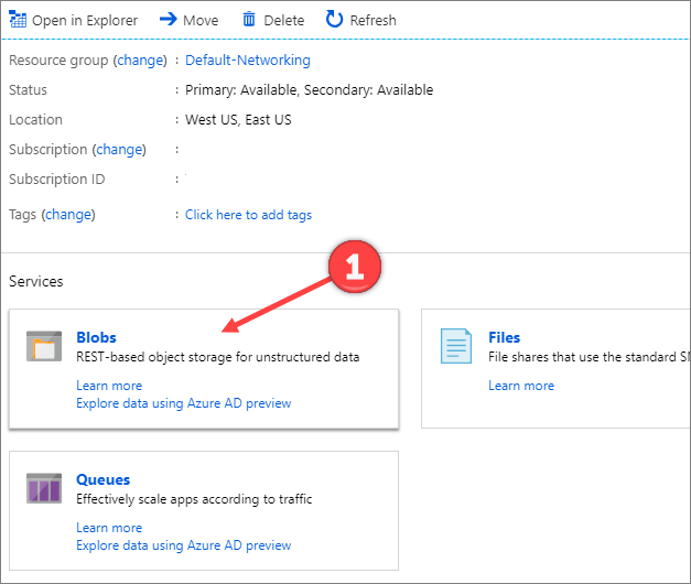 Image that shows the option to create blob container - step 1