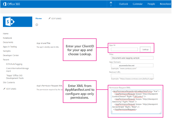 Screenshot of the AppInv.aspx page, with the App ID and Permission Request XML boxes highlighted