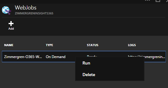 The WebJobs Azure portal is displayed with the new job list. A context menu appears above the job with the options of Run and Delete.