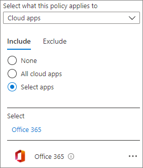 Microsoft Entra 조건부 액세스 정책의 Office 365 클라우드 앱 스크린샷