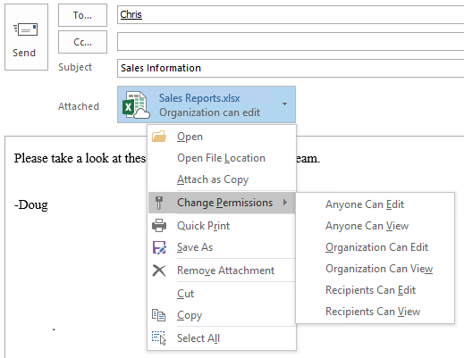 최신 첨부 파일이 있는 Outlook의 스크린샷과 권한 옵션을 보여 주는 오른쪽 클릭 메뉴.