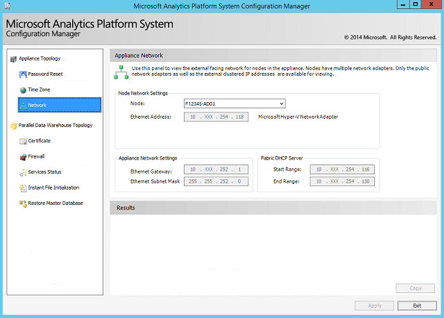 A screenshot from the Microsoft Analytics Platform System Configuration Manager, showing the Appliance Network page.
