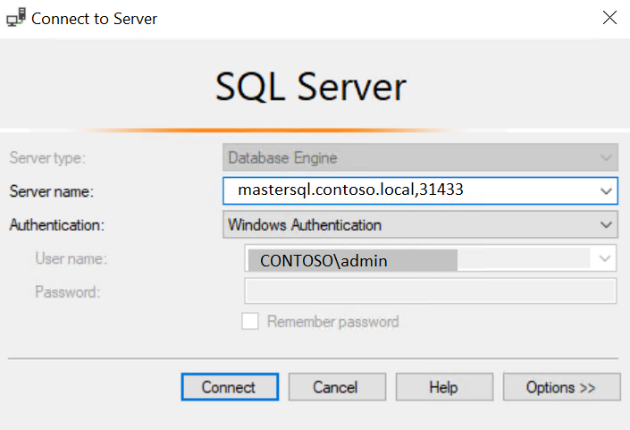 Connect to SQL Server dialog in SSMS