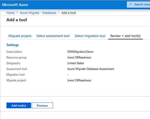 Azure Migrate - 검토 + 도구 추가 탭의 스크린샷.