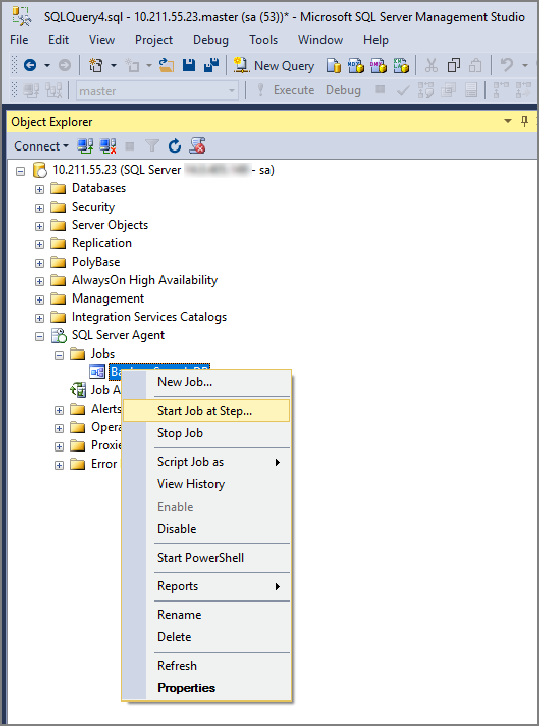 Screenshot showing how to Start the SQL Server Agent job.