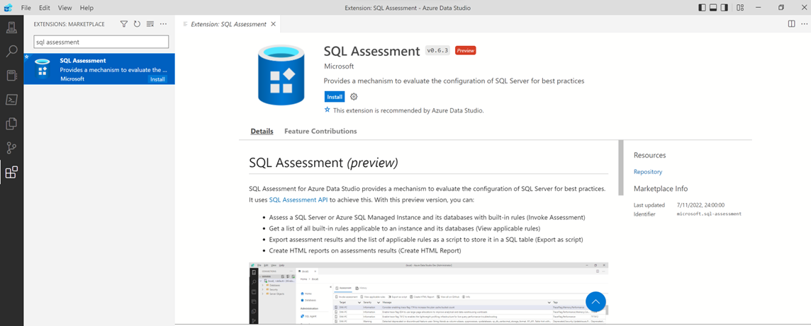 Azure Data Studio의 SQL 평가 익스텐션을 보여주는 스크린샷.