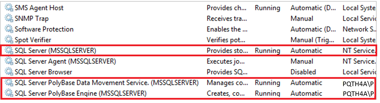 PolyBase 서비스를 보여 주는 SQL Server 구성 관리자 스크린샷.