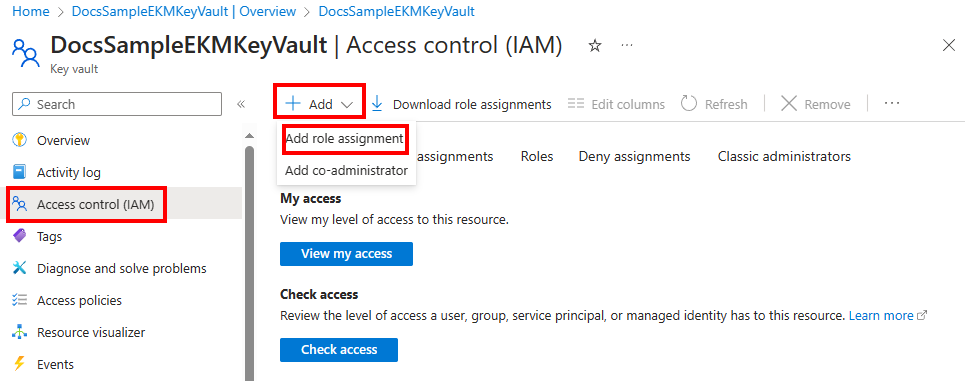 Azure Portal의 액세스 제어(IAM) 창에 있는 역할 할당 추가 버튼의 스크린샷.