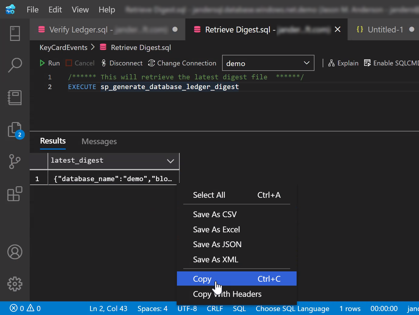 Visual Studio Code를 사용하여 다이제스트 결과를 검색하는 방법을 보여 주는 스크린샷