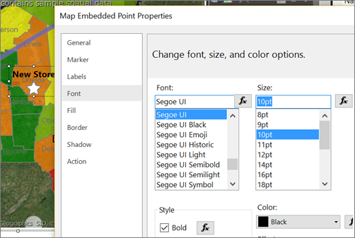 지도 포함 점 속성 대화 상자의 글꼴, 크기 및 색 옵션 변경 섹션을 보여 주는 스크린샷