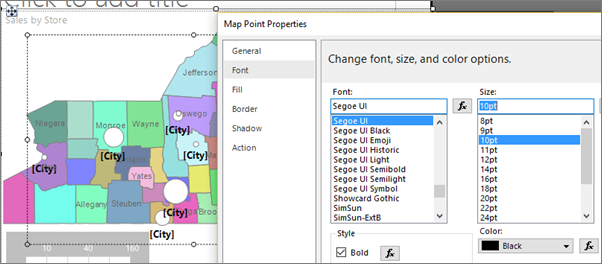 지도 점 속성 대화 상자의 글꼴, 크기 및 색 옵션 변경 섹션을 보여 주는 스크린샷