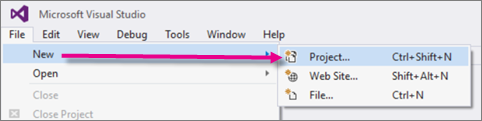 파일 메뉴의 새로 만들기 메뉴에서 선택한 프로젝트 옵션을 보여주는 Visual Studio 스크린샷.