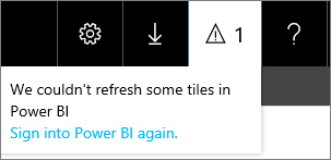 'Power BI에서 일부 타일을 새로 고칠 수 없습니다'라는 메시지가 표시된 알림 드롭다운의 스크린샷.