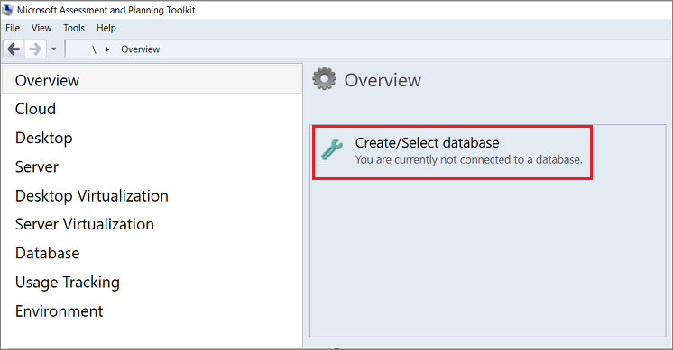 Screenshot of the 'Create/Select database' link on the MAP Toolkit Overview pane.