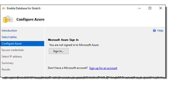 Azure에 로그인하는 방법 - Stretch Database 마법사를 보여주는 스크린샷.