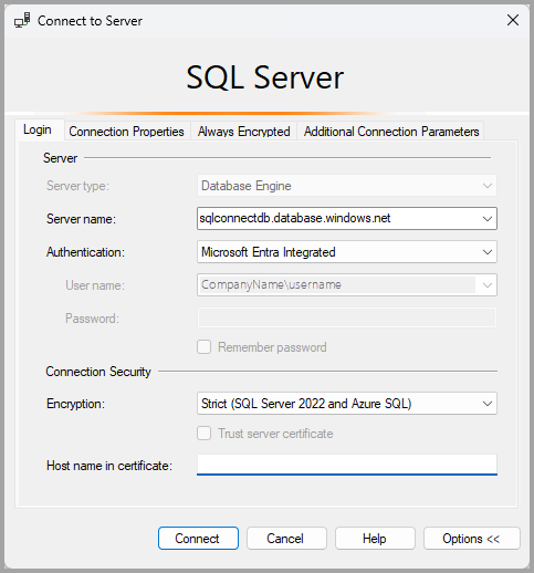 Azure SQL의 연결 대화 상자 스크린샷