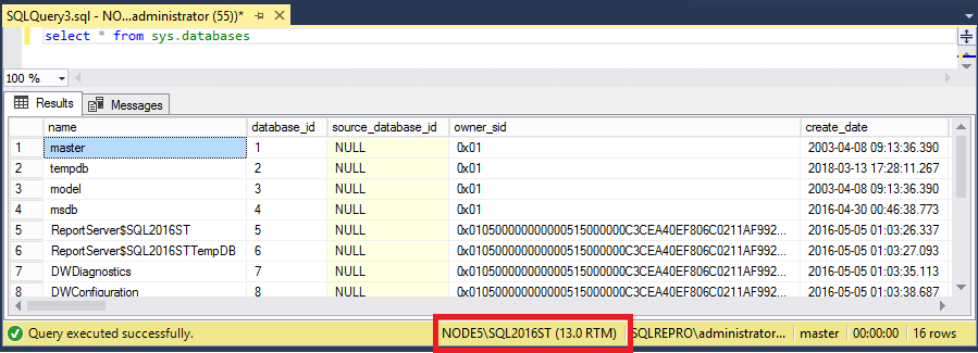 쿼리 창의 SQL Server 인스턴스 이름