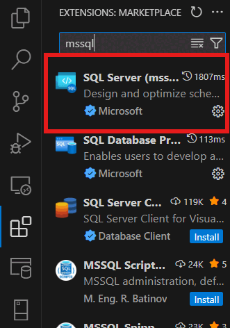 Visual Studio Code용 MSSQL 확장 프로그램 설치 스크린샷입니다.