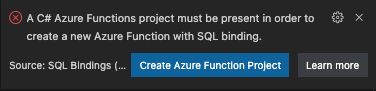 폴더에 Azure Function 프로젝트가 없어서 새 프로젝트를 만들라는 Visual Studio Code 알림의 스크린샷.