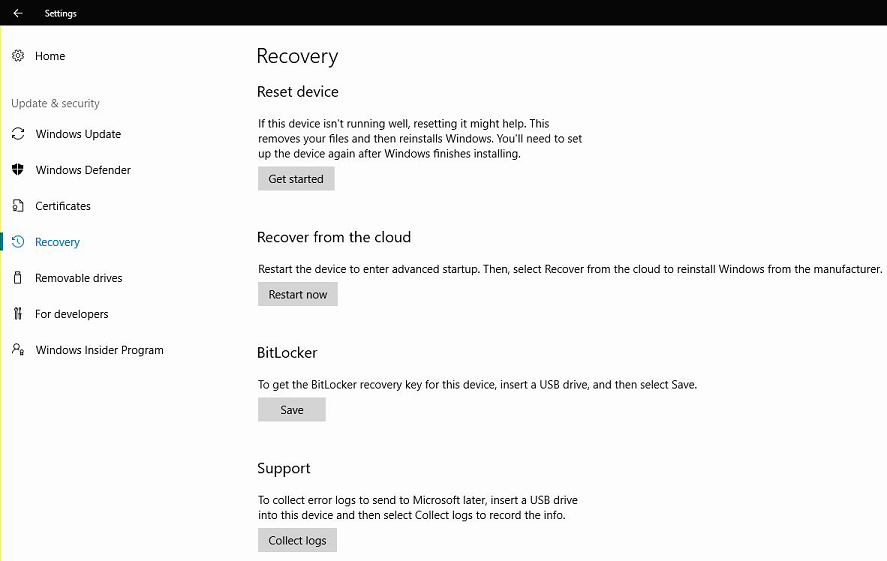 Surface Hub에 대한 설정 앱의 디바이스 다시 설정 옵션을 보여 주는 스크린샷