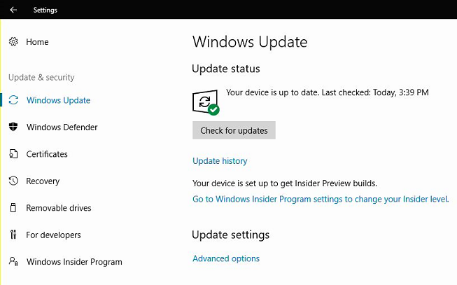 Surface Hub의 설정 앱에서 & 보안 그룹 업데이트를 보여 주는 스크린샷