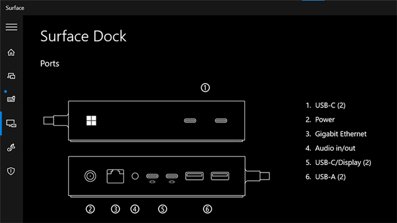 Surface 앱을 보여 주는 스크린샷은 Surface Thunderbolt 4 Dock에서 인증된 사용자가 사용할 수 있는 모든 포트를 보여줍니다.