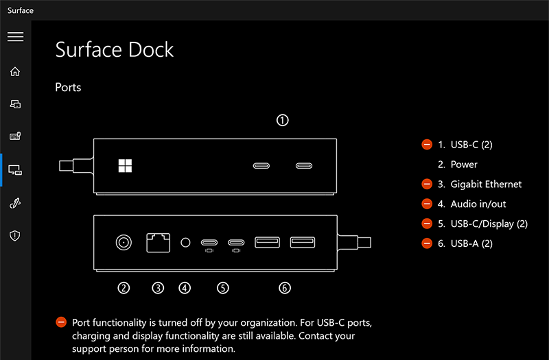 Surface Dock 2에서 인증되지 않은 사용자에 대해 해제된 포트를 보여 주는 Surface 앱을 보여 주는 스크린샷